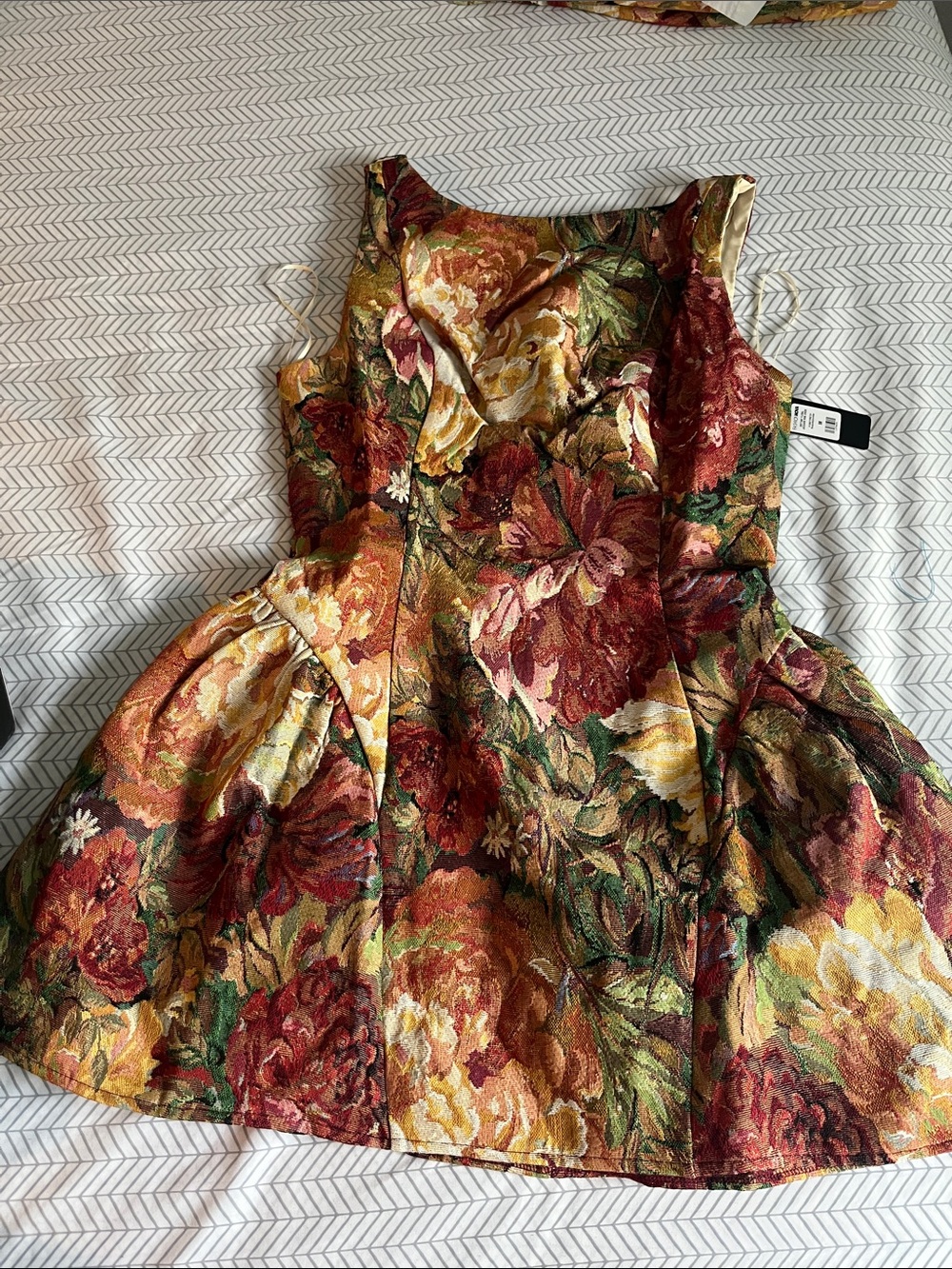 Fashion Nova Floral Jacquard Mini Dress in Burgundy, Gold and Green